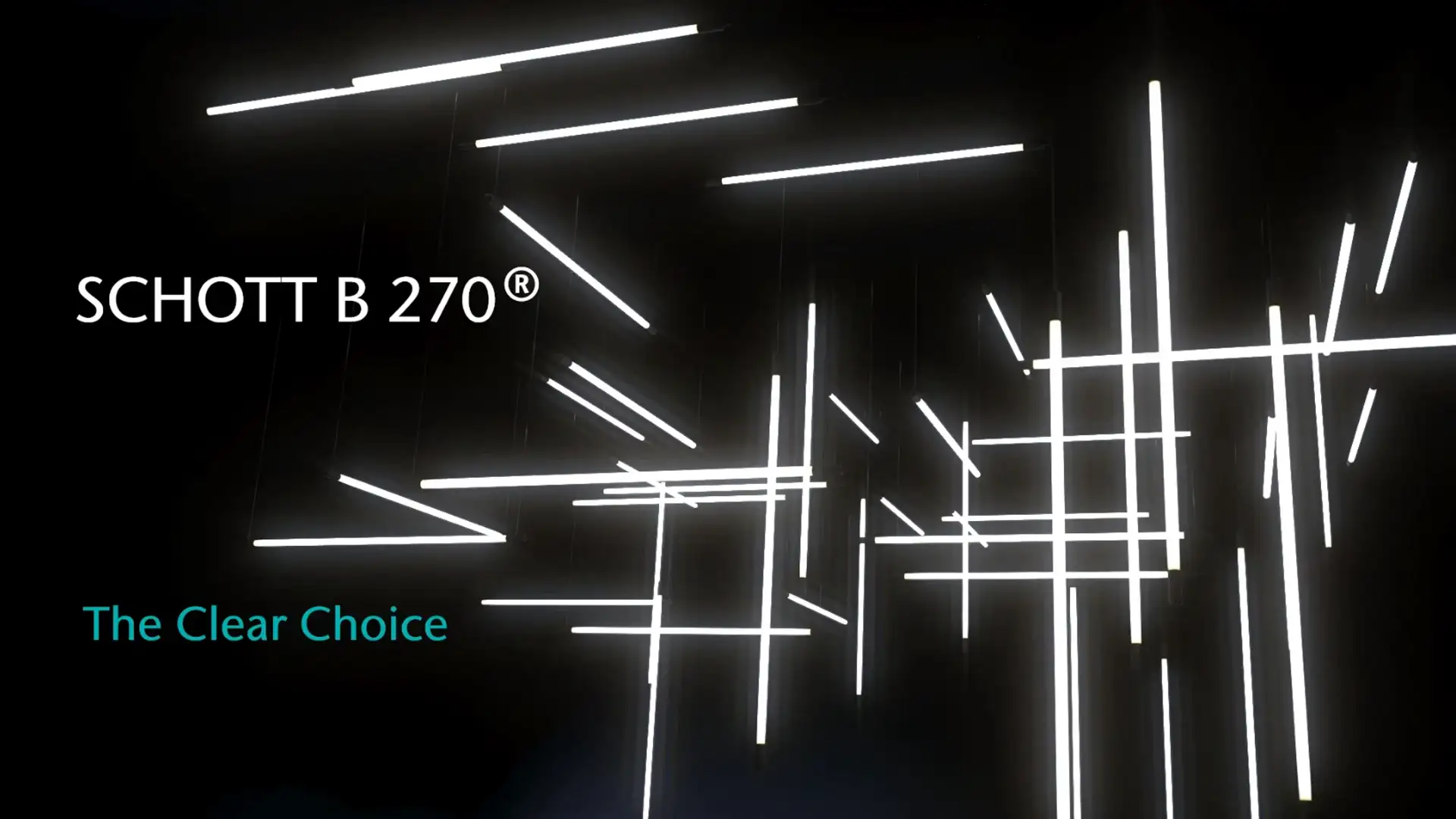 Muitos tubos fluorescentes brancos flutuando em diferentes níveis em ângulos retos um em relação ao outro em uma sala escura. Em frente a ela está um texto pairando: "SCHOTT B 270® - A escolha clara.