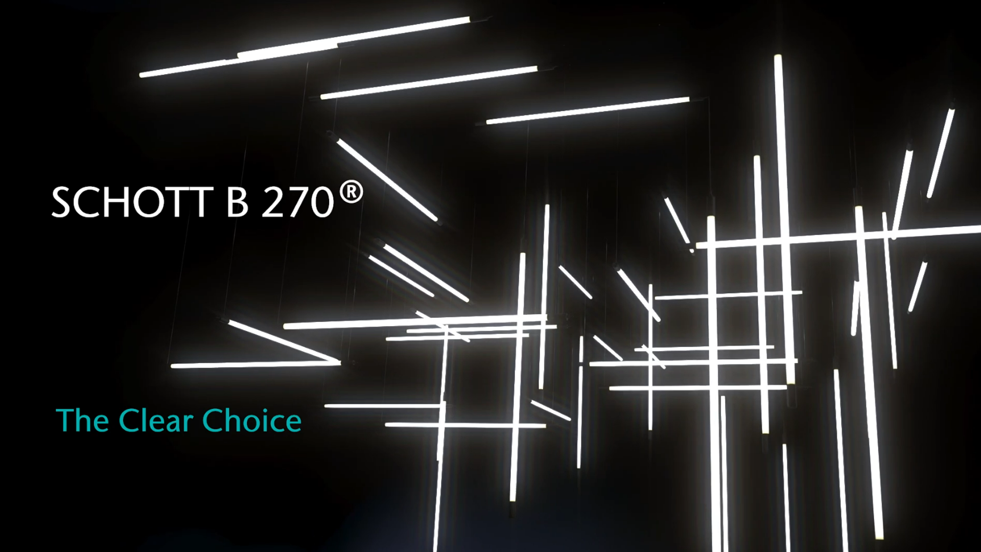 A lot of white fluorescent tubes floating on different levels at right angles to each other in a dark room. In front of it is a hovering text: “SCHOTT B 270® - The clear choice.
