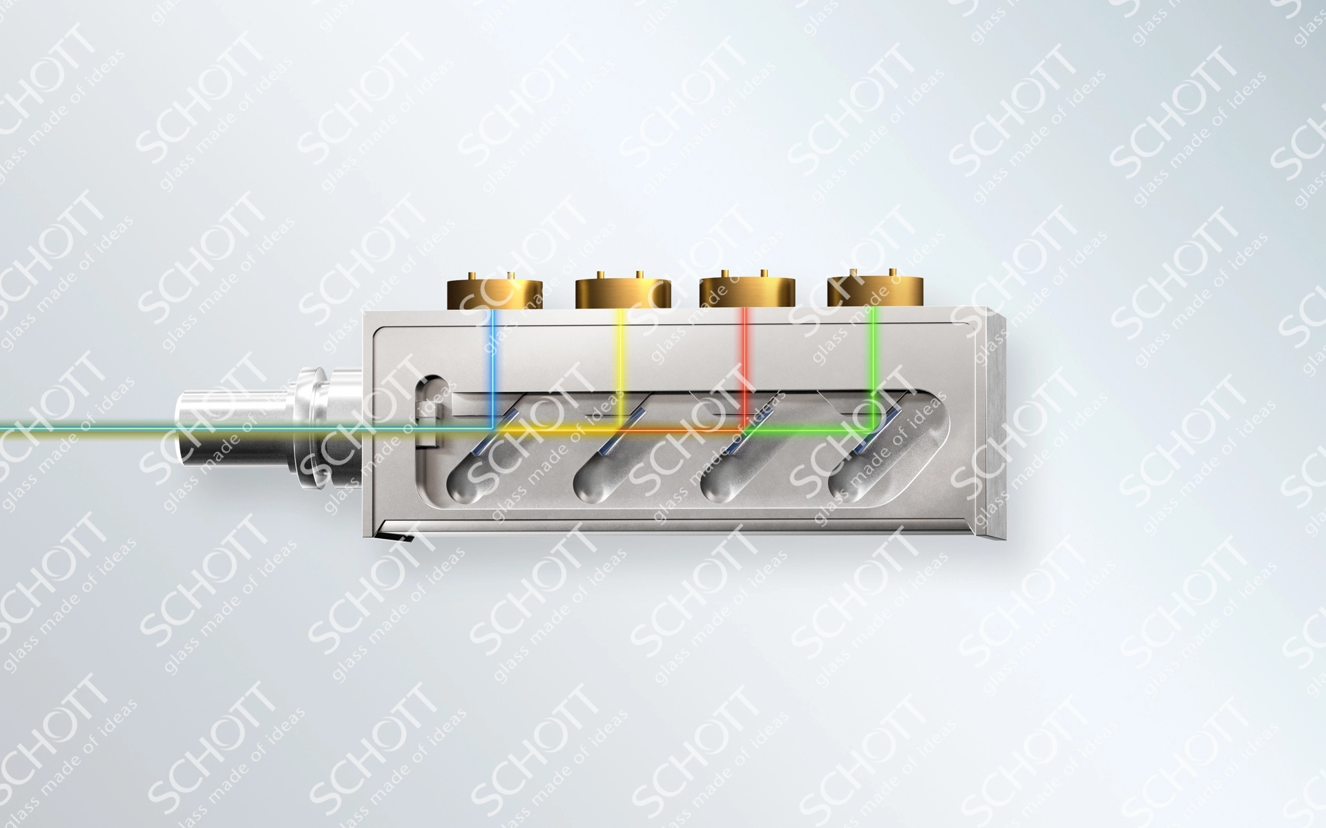 4 x TO 33 Sockel nebeneinander platziert, wobei die verschiedenen Wellenlängen jeweils von jedem Spiegel reflektiert werden. Für CWDM4-Anwendungen (CLR4-Duplex).