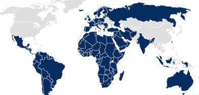 Mapa mundial con los países en el expediente de envasado farmacéutico resaltados en azul