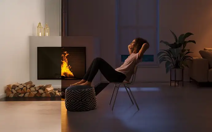 Day and night views of a woman reclining in front of a wood-burning stove 