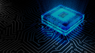 Illustration of a blue computer chip in the centre of a circuit board