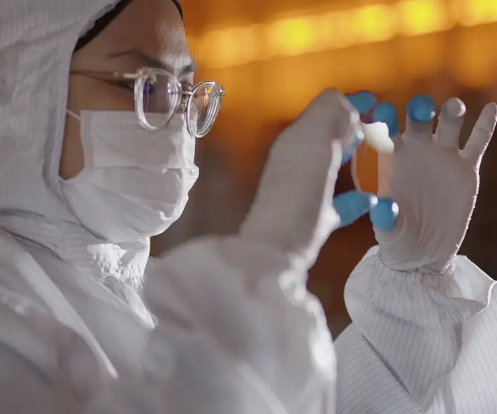 Person in a white protective suit handling a small blue-capped vial.