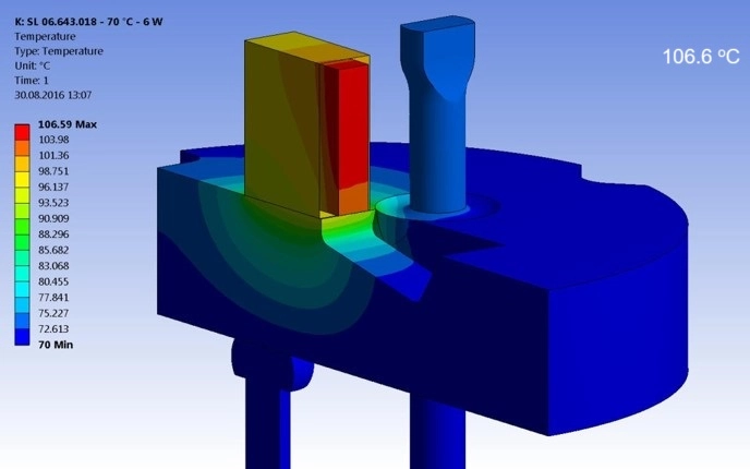 : simulation result for Copper heatsink header at ambient temperature of 70 oC 