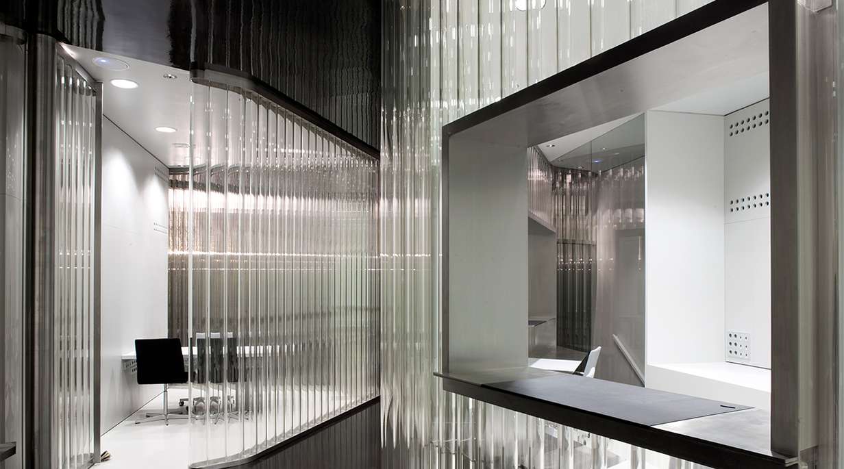 Interior glass wall of the Caja de Arquitectos in Bilbao, Spain