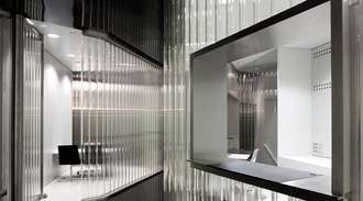 Interior glass wall of the Caja de Arquitectos in Bilbao, Spain