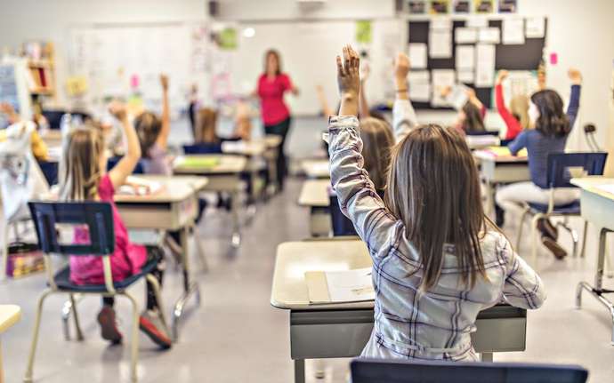 Children raise their hands in class