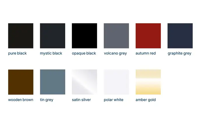 An overview of all eleven decor colors that can be used for ROBAX® fire-viewing panels.