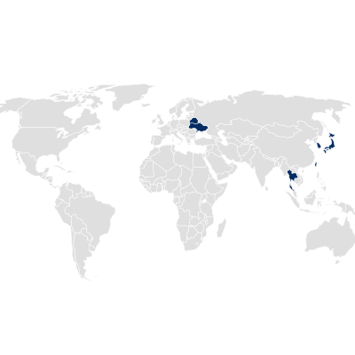 Weltkarte mit blau hinterlegten Ländern mit nationaler Produktzulassung