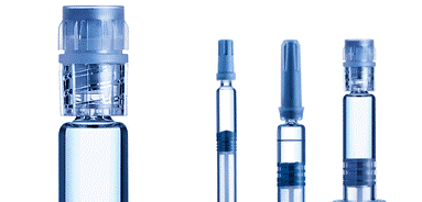 Three syriQ® glass syringes with Rigid Cap (SRC) closure system, staked needle and soft needle shield