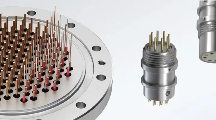 Five versions of SCHOTT Eternaloc® feedthroughs for energy applications shown on a grey background