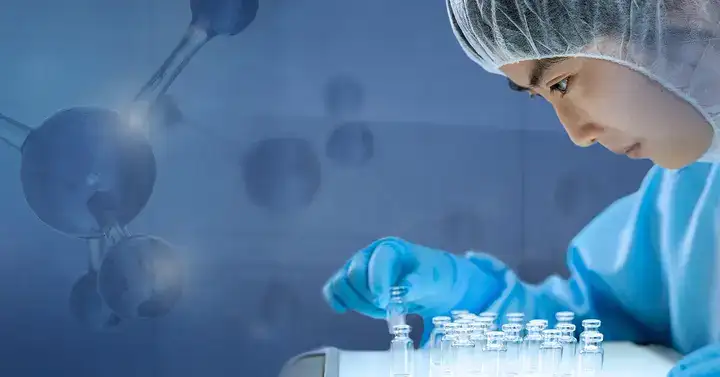 Laboratory technician looking at vials