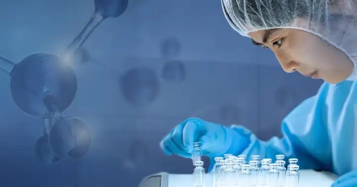  Woman doing visual quality checks on pharmaceutical vials