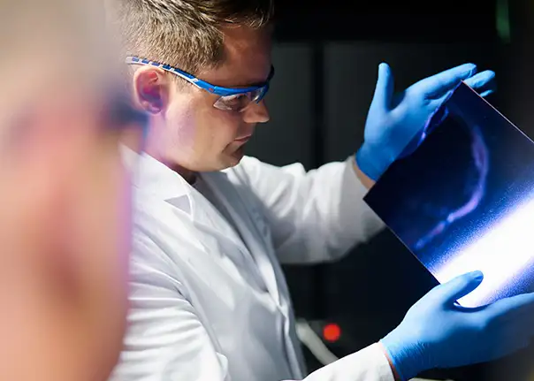 Eine Person in weißem Laborkittel und Handschuhen schüttet blaue Granulatkörner in einen transparenten Behälter.