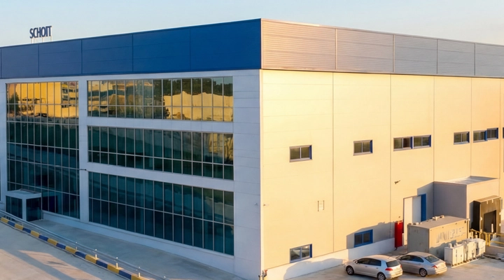 Modern industrial building with blue accents, large flat roof, and multiple loading docks, and adjacent warehouses.