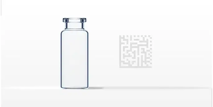 Clear glass EVERIC® smart vial on its side