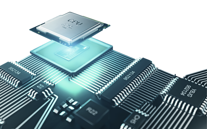 Diagram of a computer chip with 3D glass packaging