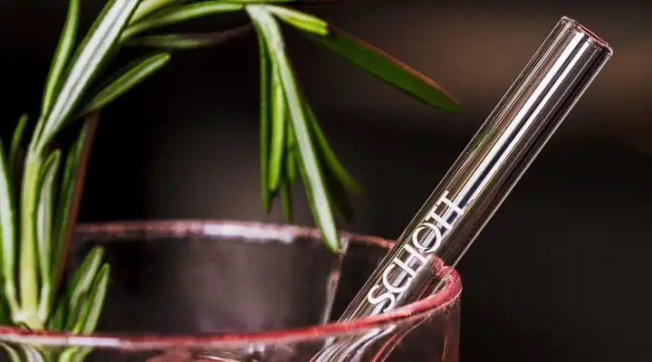 Glass with red liquid, rosemary, and a SCHOTT glass straw