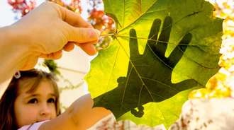 Young girl holding hand over large leaf
