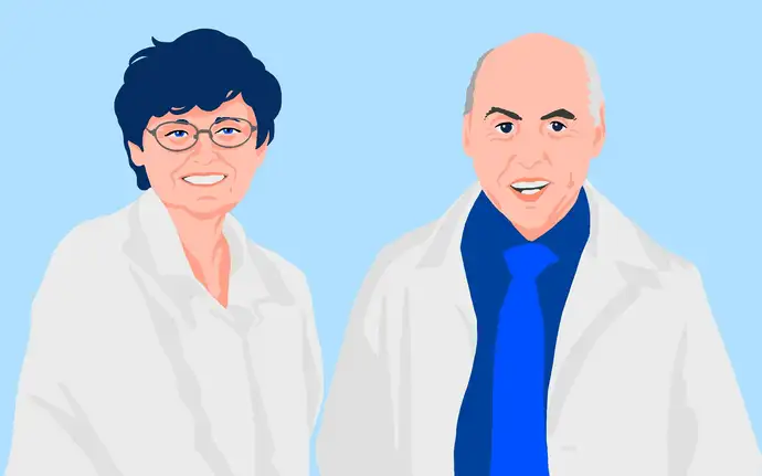 Drawing of Nobel Prize winners Katalin Karikó and Drew Weissman in the field of Immunology