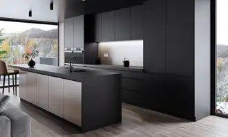 Modern black kitchen with matt fronts, cooking island and CERAN® matte line hob, stylish minimalist design with panoramic window and natural lighting.