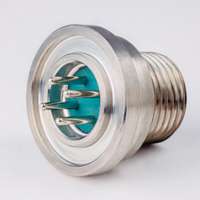 Close-up of SCHOTT glass-to-metal sealed connector with threaded body and blue insulating base.