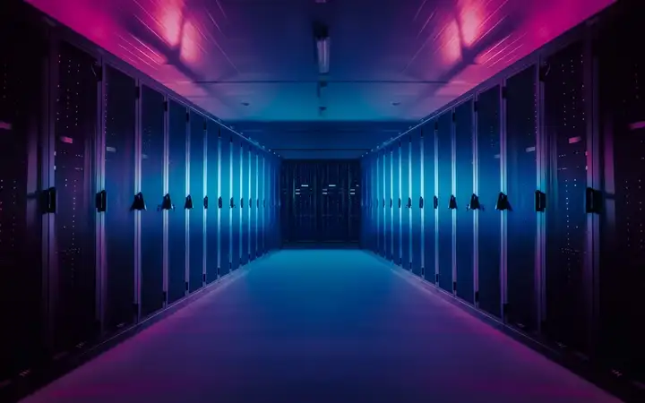 Row of high performance computers bathed in purple light