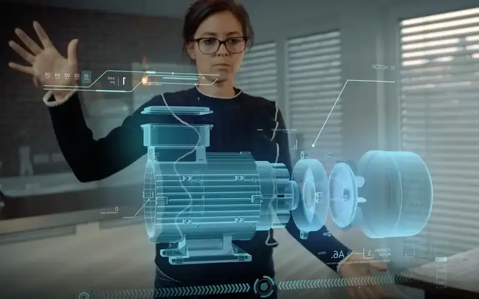 A woman wearing AR glasses and interacting with a digital 3D model of a motor