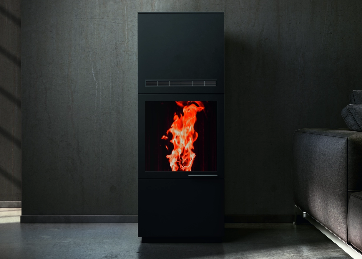 Black stove featuring SCHOTT ROBAX® NightView fire-viewing panel 