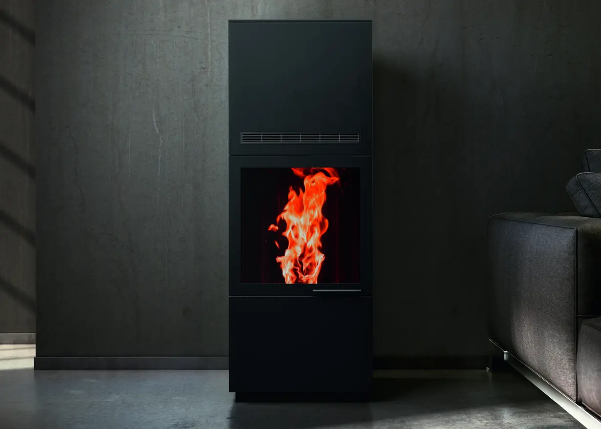 Black stove featuring SCHOTT ROBAX® NightView fire-viewing panel	