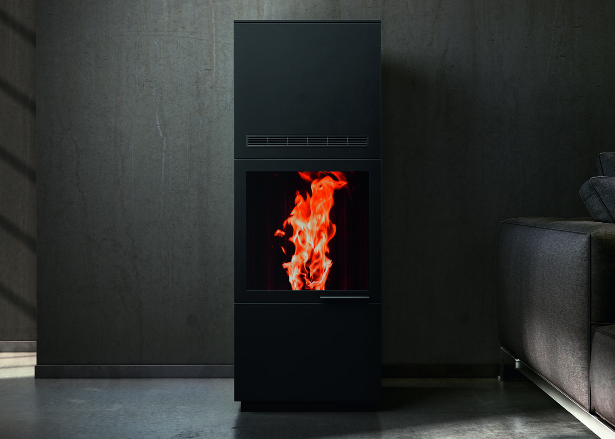 Black stove featuring SCHOTT ROBAX® NightView fire-viewing panel	