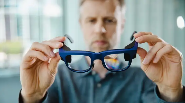 Man holding blue smart glasses with SCHOTT(R) reflective waveguide