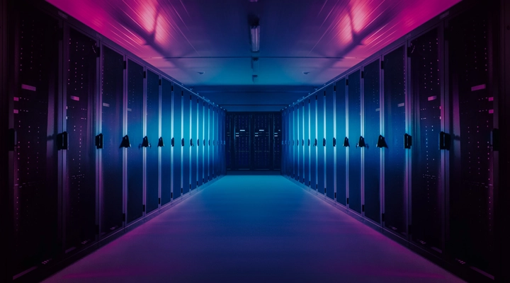 Interior of a data center with banks of servers