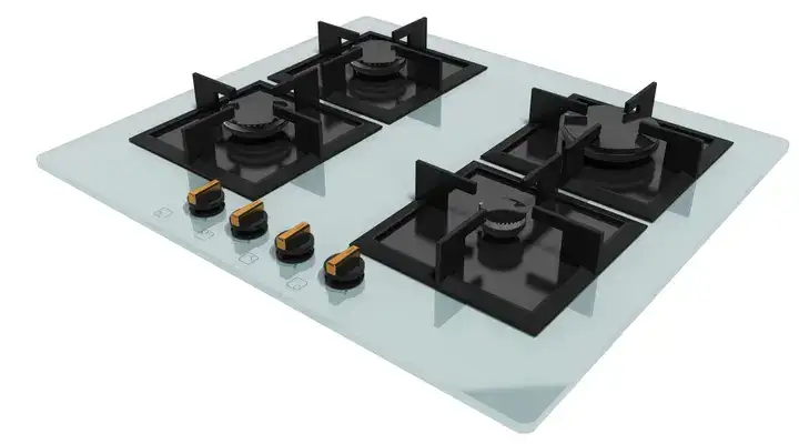 Four-burner gas stove with glass top and control knobs
