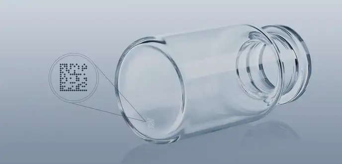 Smart Container glass vial on its side with data matrix code on the bottom