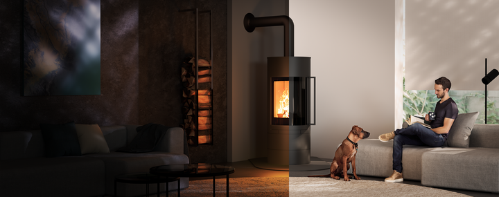 Men and dog relaxing on a a couch in front of a curved wood fireplace with ROBAX® NightFlame fire-viewing panel.