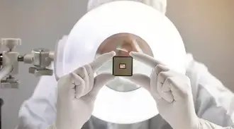 Lab technician holding semiconductor with gloved hands