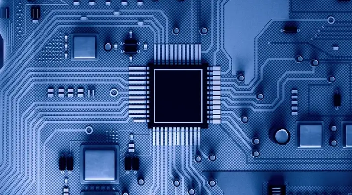Blue circuit board with microchips