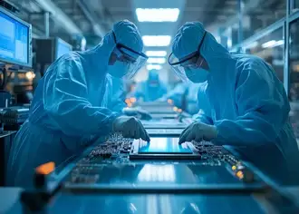 Two scientists in sterile suits inspect semiconductor production