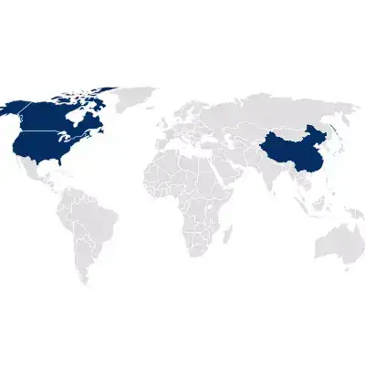 以蓝色高亮显示美国、加拿大和中国的世界地图