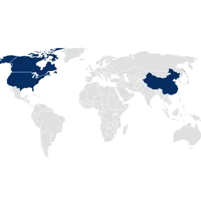 Mapa-múndi com os EUA, o Canadá e a China destacados em azul