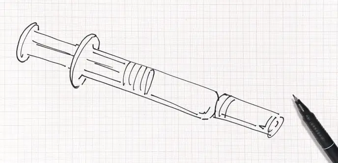 Zeichnung einer Spritze auf Papier mit Stift