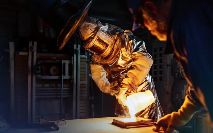 SCHOTT employee wearing heat-protective clothing looks into the melting furnace.