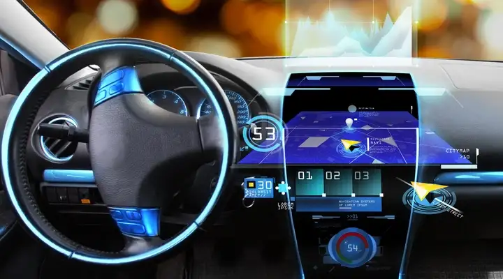 Dashboard and steering wheel of a vehicle fitted with glass displays, touchscreens and lighting