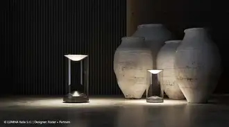 Two modern table lamps in front of four ancient stone pots