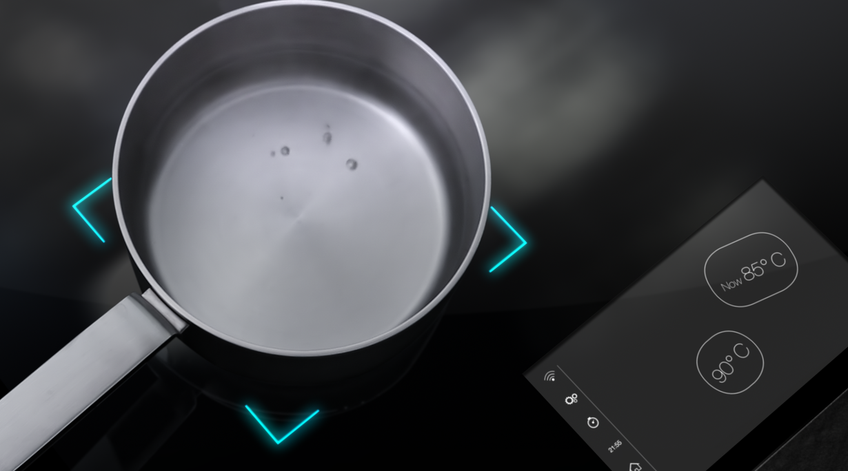 Pan of water on a CERAN CLEARTRANS® CLEAR luna black glass-ceramic cooktop