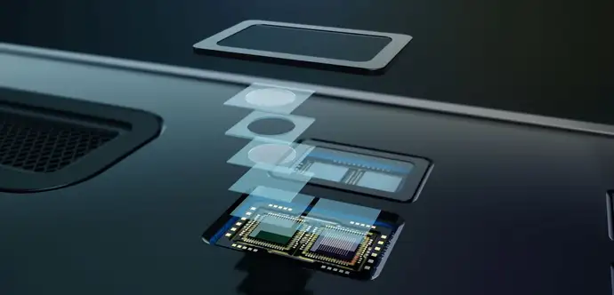 Diagrama dos componentes de um sensor Tempo de voo (ToF) em um smartphone