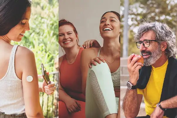 Eine Bildcollage zeigt links einen Arm mit Gesundheitsmessgerät, in der Mitte zwei Personen in Sportkleidung und rechts eine Person, die draußen einen Apfel isst.