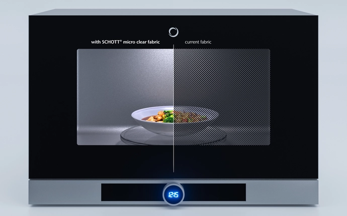 Microwave with the new SCHOTT® micro clear fabric glass compared to conventional glass.