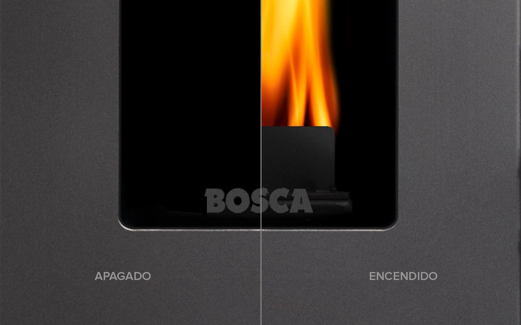 ROBAX NightFlame® fire-viewing panel  in the fireplace Black Vision Burdeo by Bosca when off and on.